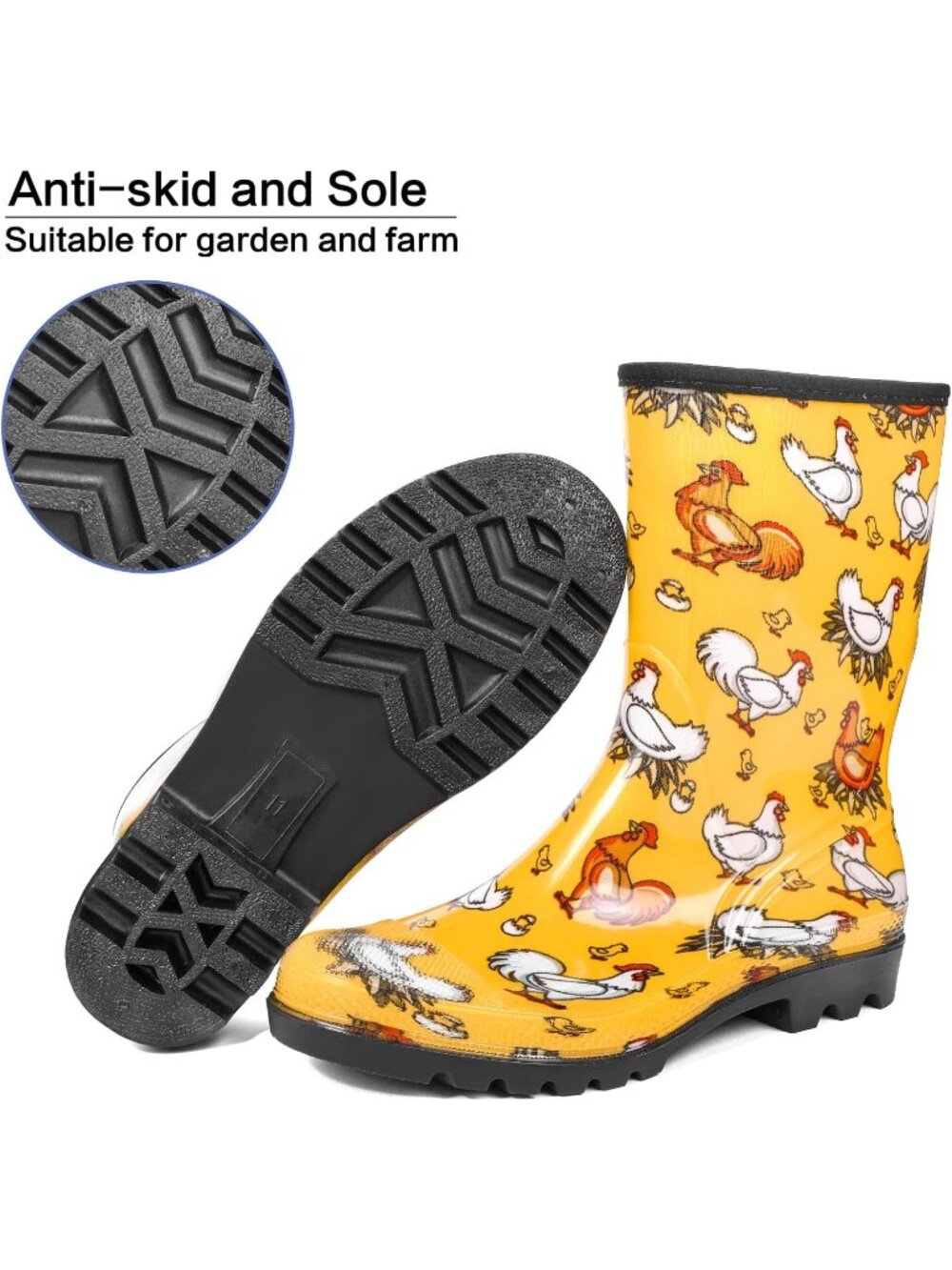 Women's Yellow Wide Calf Waterproof Rubber Garden Cushioned Insole Rain Boots - Picture 4 of 6